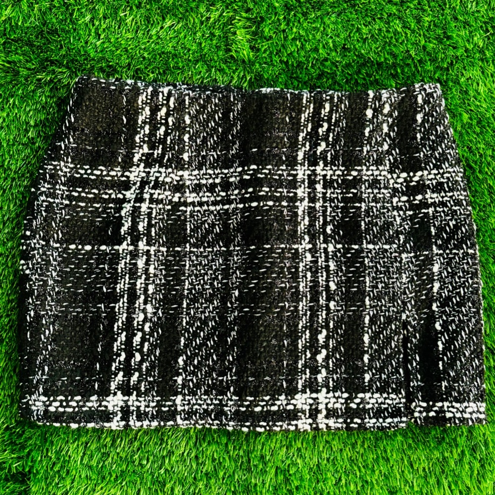 Motel Rocks Black & White Plaid Tweed Mini Skirt